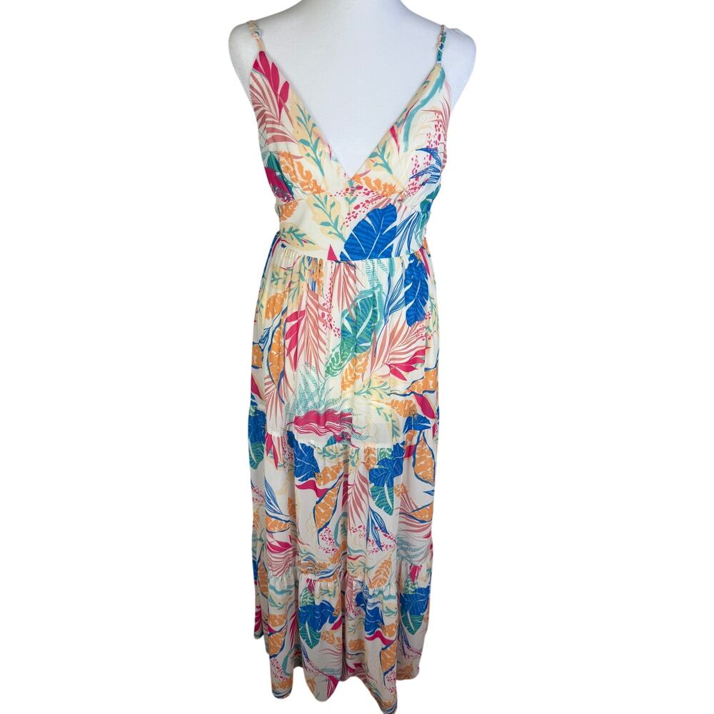 FLYING TOMATO Womens Tropical Lined Spaghetti Strap Maxi Cream Multi Dress Small